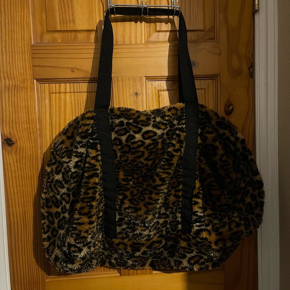 Fuzzy cheetah leopard animal print duffel bag overnight bag travel